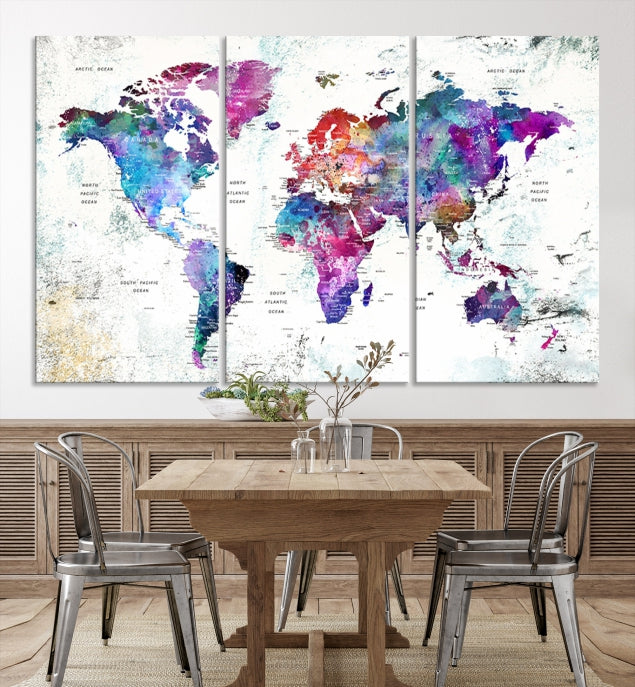 Vivid Colored Detailed World Map Push Pin Travel Map on White Background Canvas Art Print