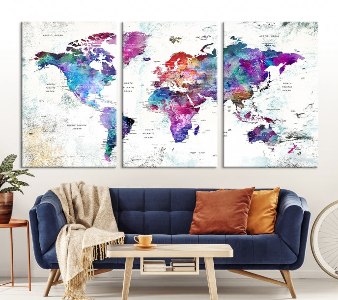 Vivid Colored Detailed World Map Push Pin Travel Map on White Background Canvas Art Print