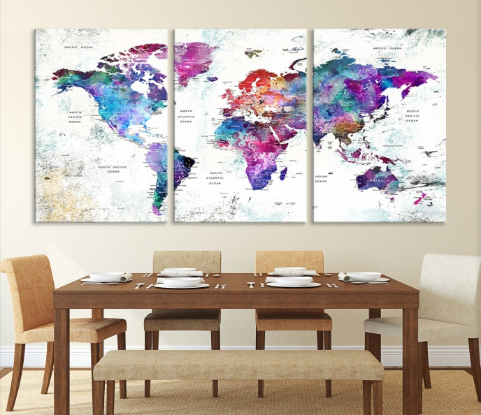 Vivid Colored Detailed World Map Push Pin Travel Map on White Background Canvas Art Print