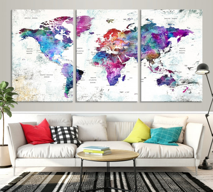 Vivid Colored Detailed World Map Push Pin Travel Map on White Background Canvas Art Print