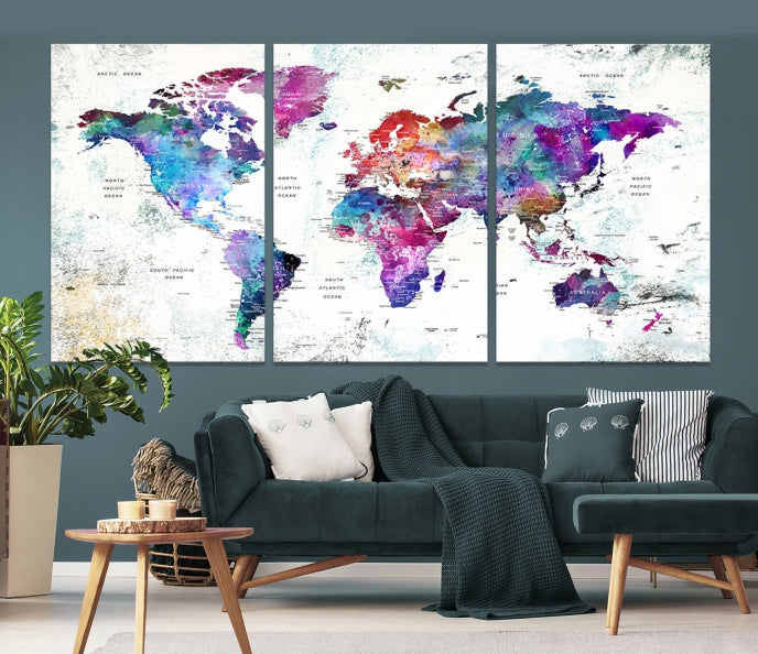 Vivid Colored Detailed World Map Push Pin Travel Map on White Background Canvas Art Print