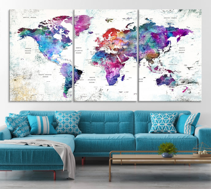 Vivid Colored Detailed World Map Push Pin Travel Map on White Background Canvas Art Print