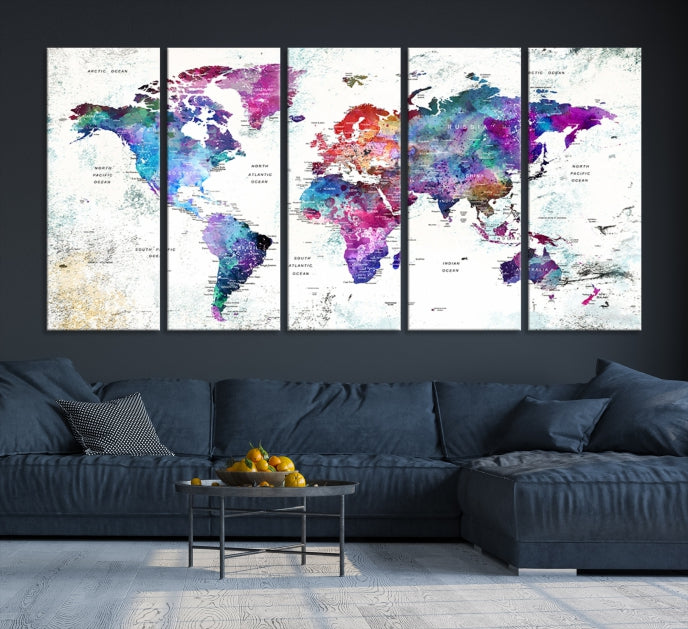 Vivid Colored Detailed World Map Push Pin Travel Map on White Background Canvas Art Print