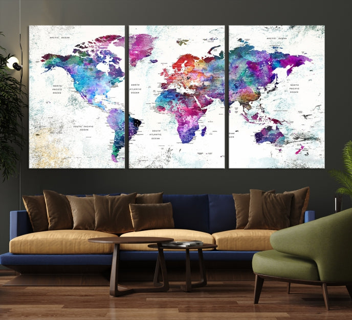 Vivid Colored Detailed World Map Push Pin Travel Map on White Background Canvas Art Print