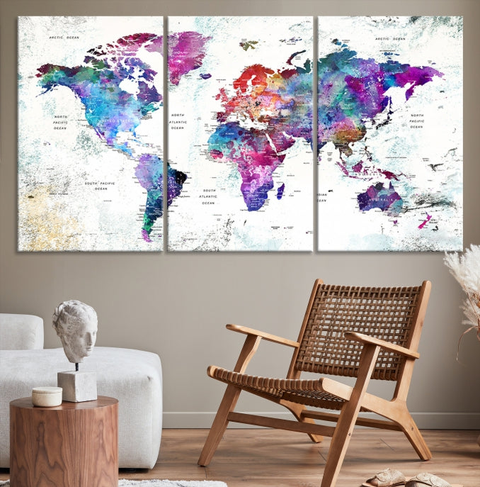 Vivid Colored Detailed World Map Push Pin Travel Map on White Background Canvas Art Print