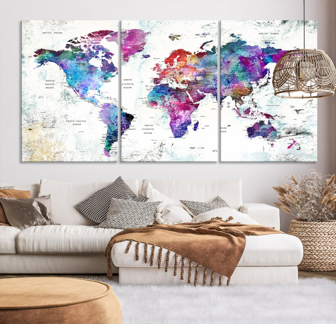 Vivid Colored Detailed World Map Push Pin Travel Map on White Background Canvas Art Print