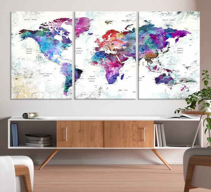 Vivid Colored Detailed World Map Push Pin Travel Map on White Background Canvas Art Print