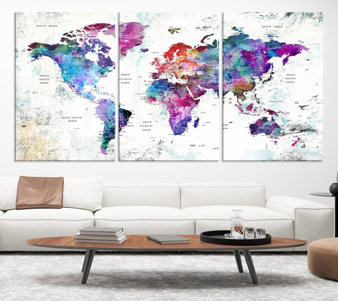 Vivid Colored Detailed World Map Push Pin Travel Map on White Background Canvas Art Print