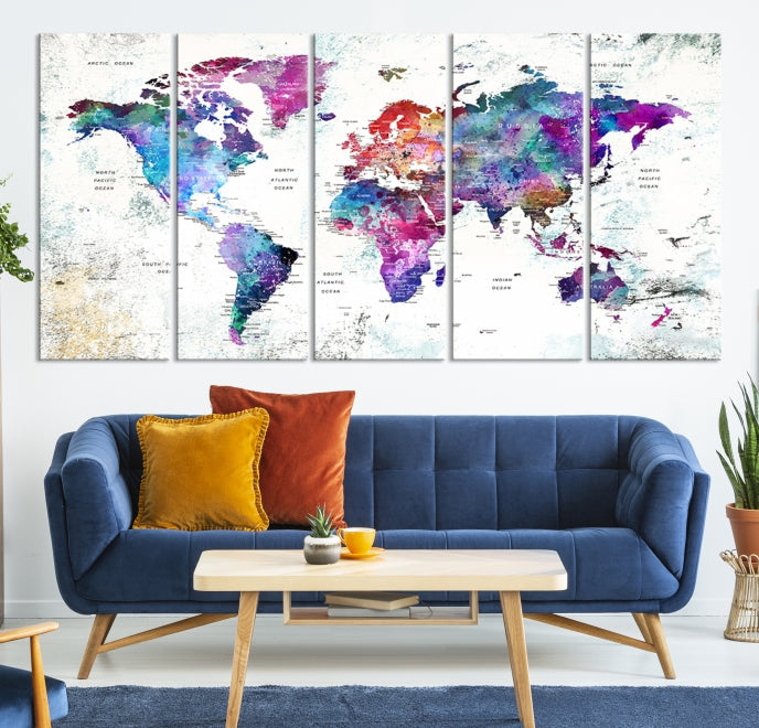 Vivid Colored Detailed World Map Push Pin Travel Map on White Background Canvas Art Print