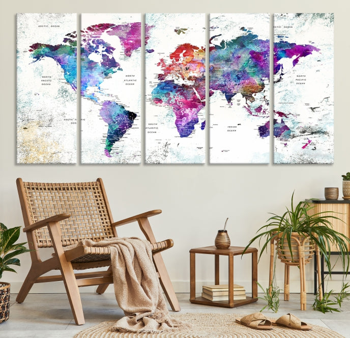 Vivid Colored Detailed World Map Push Pin Travel Map on White Background Canvas Art Print