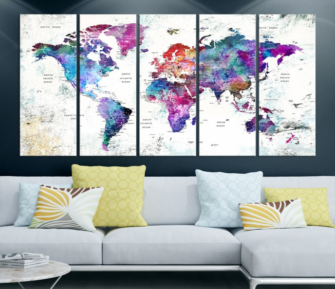 Vivid Colored Detailed World Map Push Pin Travel Map on White Background Canvas Art Print