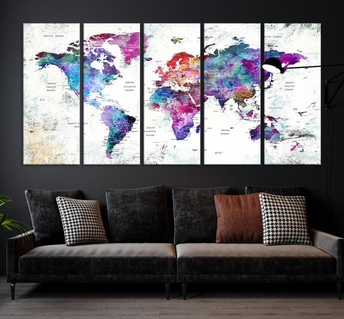 Vivid Colored Detailed World Map Push Pin Travel Map on White Background Canvas Art Print