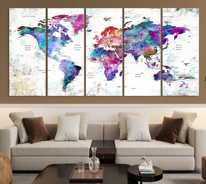 Vivid Colored Detailed World Map Push Pin Travel Map on White Background Canvas Art Print