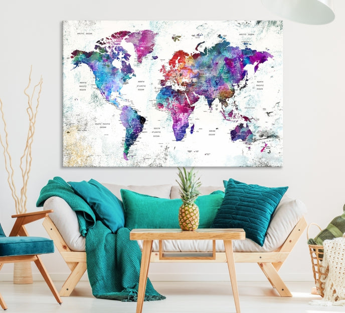 Vivid Colored Detailed World Map Push Pin Travel Map on White Background Canvas Art Print