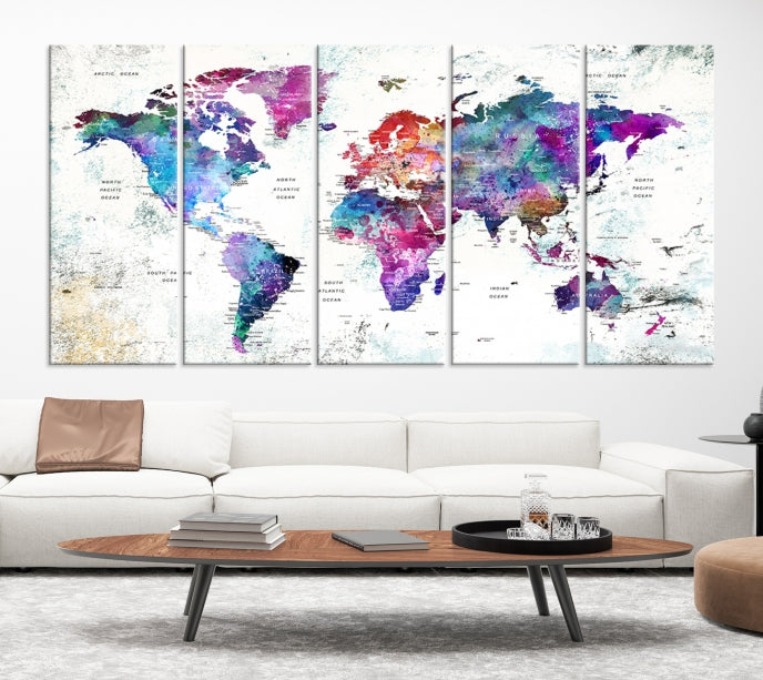 Vivid Colored Detailed World Map Push Pin Travel Map on White Background Canvas Art Print