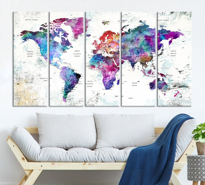 Vivid Colored Detailed World Map Push Pin Travel Map on White Background Canvas Art Print