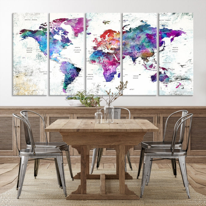 Vivid Colored Detailed World Map Push Pin Travel Map on White Background Canvas Art Print