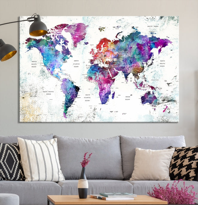 Vivid Colored Detailed World Map Push Pin Travel Map on White Background Canvas Art Print