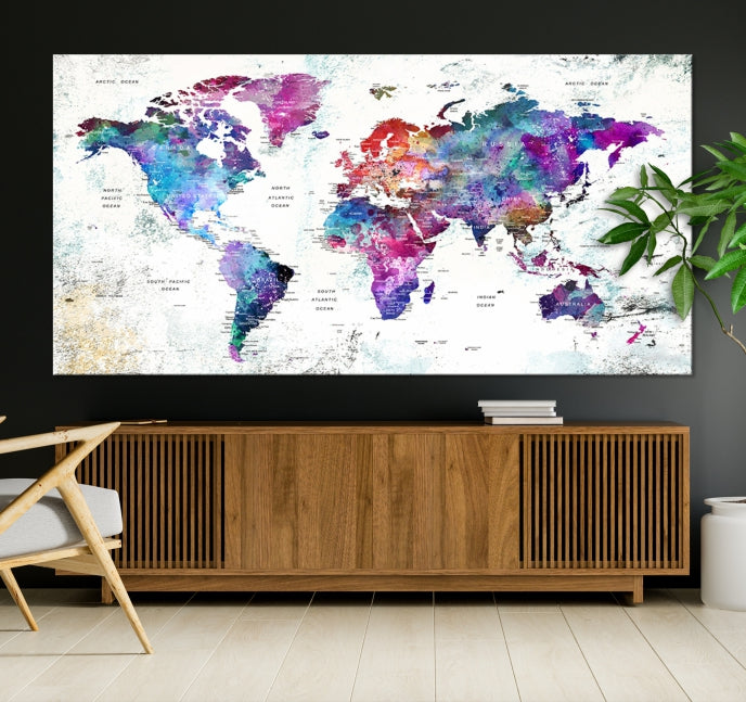 Vivid Colored Detailed World Map Push Pin Travel Map on White Background Canvas Art Print