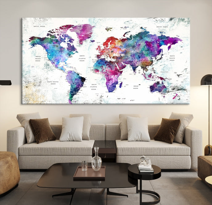 Vivid Colored Detailed World Map Push Pin Travel Map on White Background Canvas Art Print