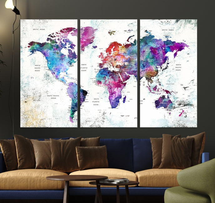 Vivid Colored Detailed World Map Push Pin Travel Map on White Background Canvas Art Print