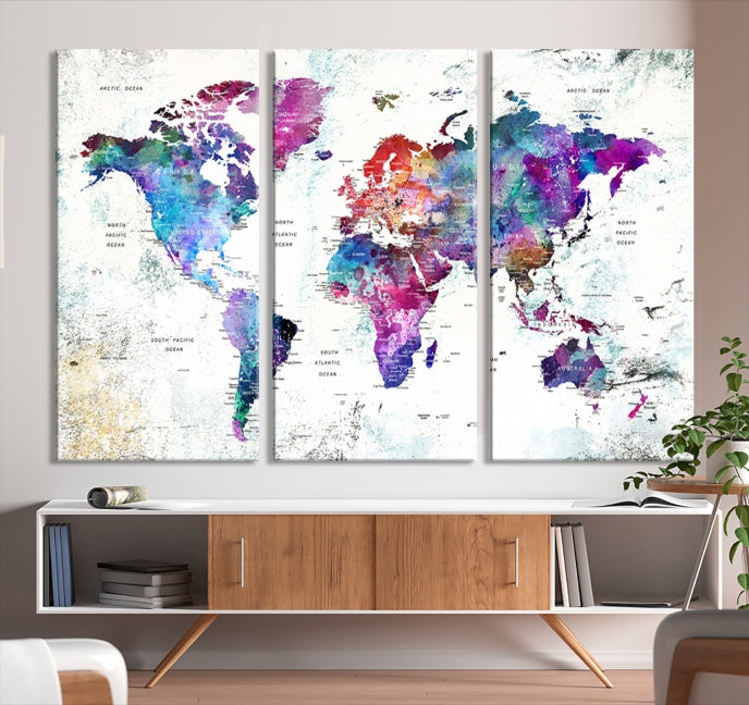 Vivid Colored Detailed World Map Push Pin Travel Map on White Background Canvas Art Print