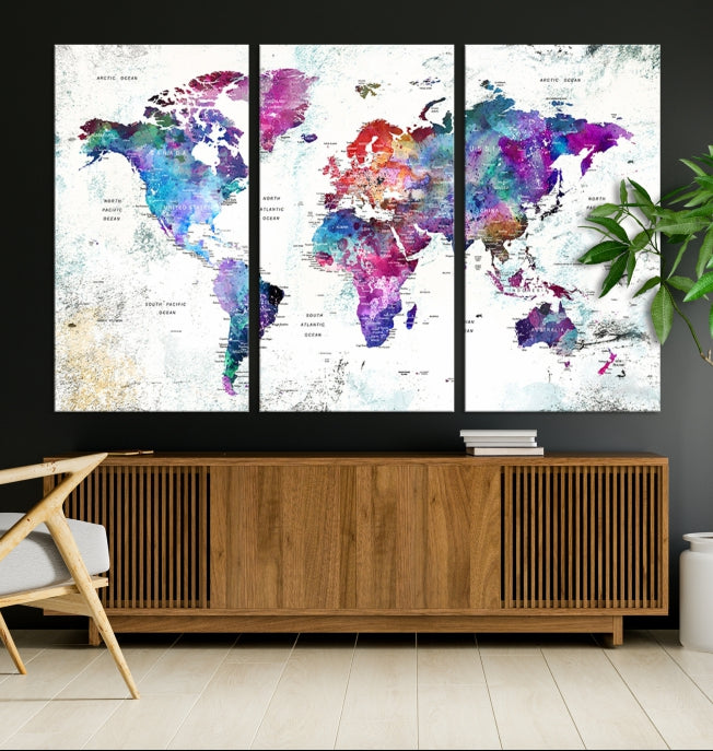 Vivid Colored Detailed World Map Push Pin Travel Map on White Background Canvas Art Print