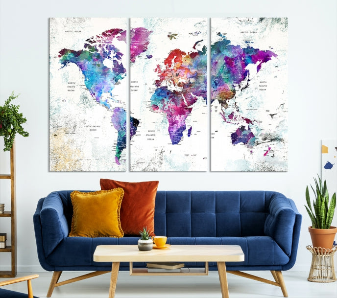 Vivid Colored Detailed World Map Push Pin Travel Map on White Background Canvas Art Print