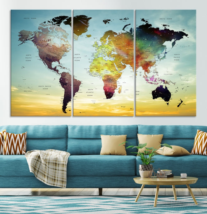 Vivid Colored Push Pin World Map with Sky Background Wall Art Canvas Giclee Print