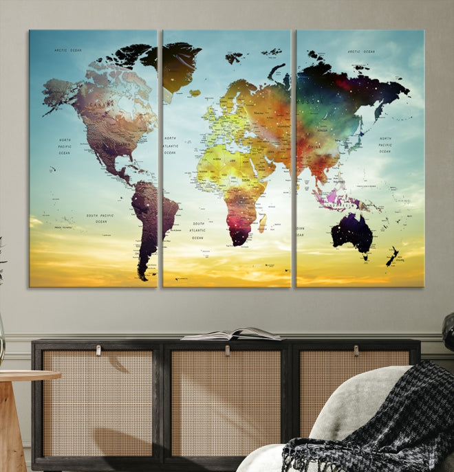 Vivid Colored Push Pin World Map with Sky Background Wall Art Canvas Giclee Print