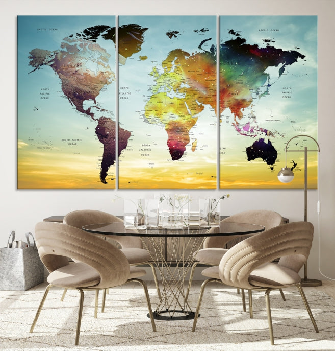 Vivid Colored Push Pin World Map with Sky Background Wall Art Canvas Giclee Print