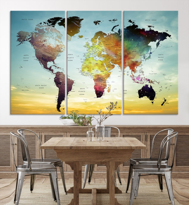 Vivid Colored Push Pin World Map with Sky Background Wall Art Canvas Giclee Print