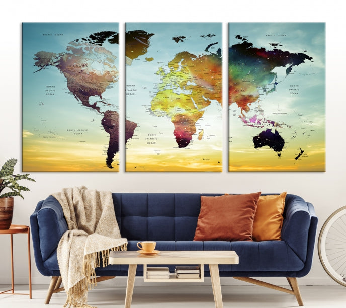 Vivid Colored Push Pin World Map with Sky Background Wall Art Canvas Giclee Print