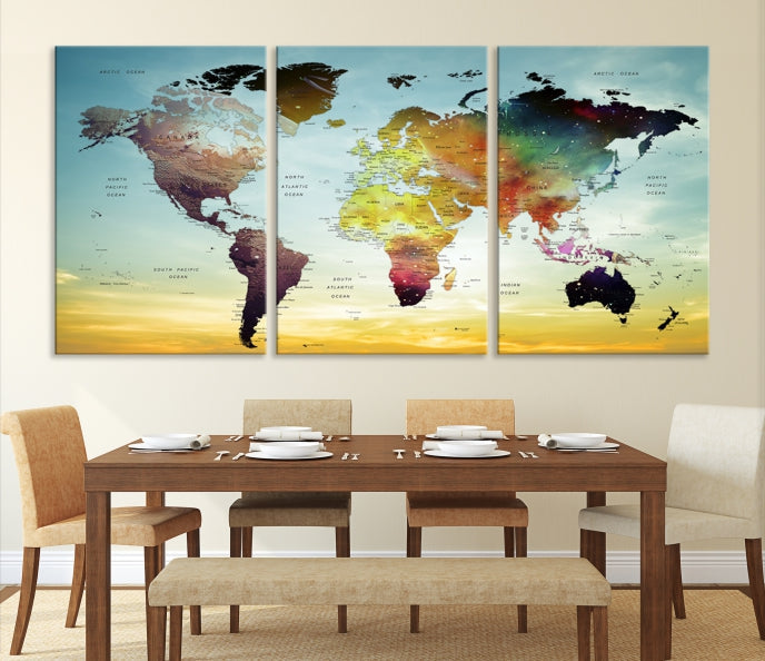 Vivid Colored Push Pin World Map with Sky Background Wall Art Canvas Giclee Print