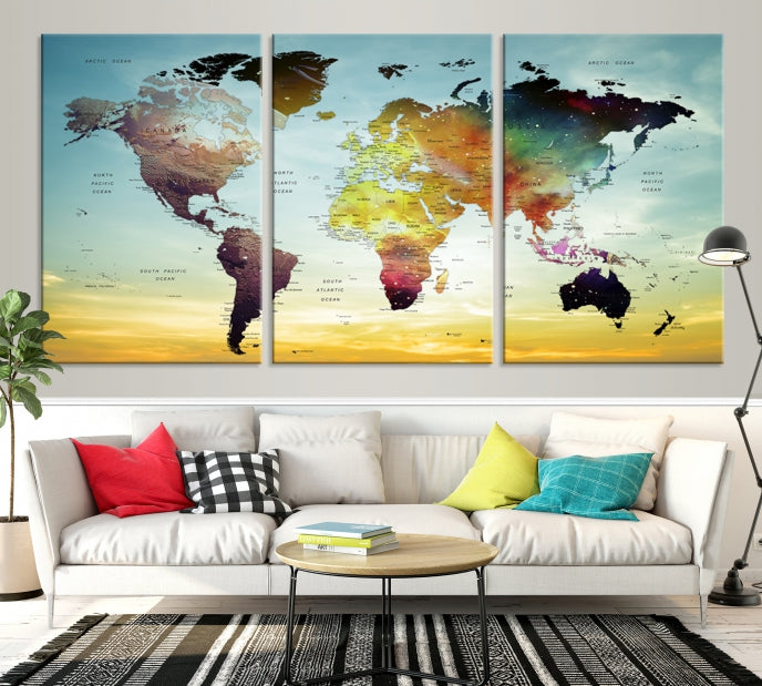 Vivid Colored Push Pin World Map with Sky Background Wall Art Canvas Giclee Print