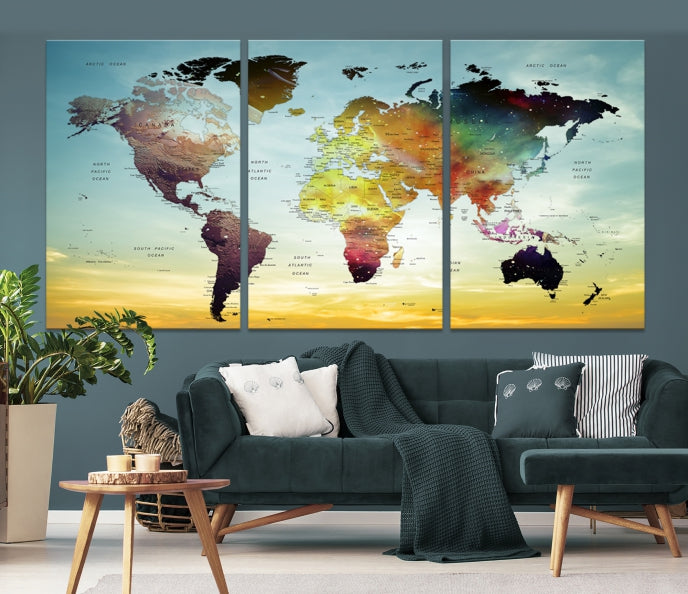 Vivid Colored Push Pin World Map with Sky Background Wall Art Canvas Giclee Print