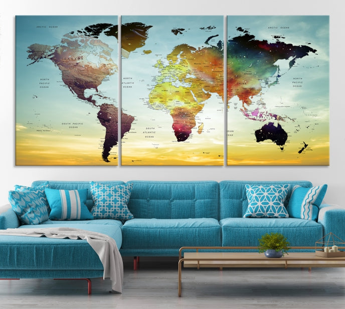 Vivid Colored Push Pin World Map with Sky Background Wall Art Canvas Giclee Print