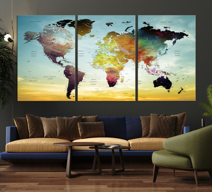 Vivid Colored Push Pin World Map with Sky Background Wall Art Canvas Giclee Print