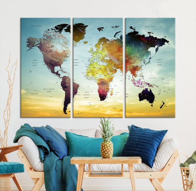 Vivid Colored Push Pin World Map with Sky Background Wall Art Canvas Giclee Print