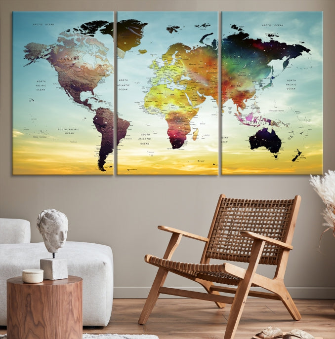 Vivid Colored Push Pin World Map with Sky Background Wall Art Canvas Giclee Print