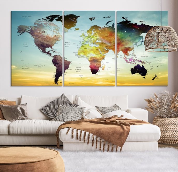 Vivid Colored Push Pin World Map with Sky Background Wall Art Canvas Giclee Print