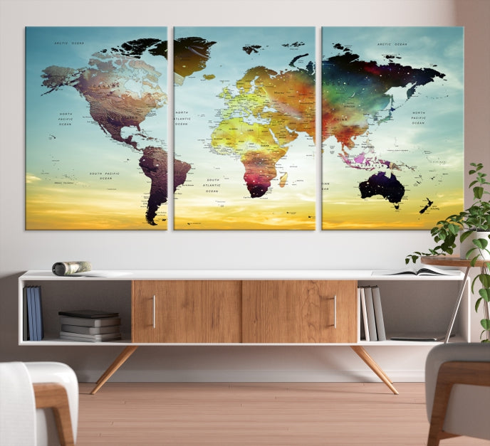 Vivid Colored Push Pin World Map with Sky Background Wall Art Canvas Giclee Print