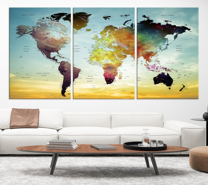 Vivid Colored Push Pin World Map with Sky Background Wall Art Canvas Giclee Print