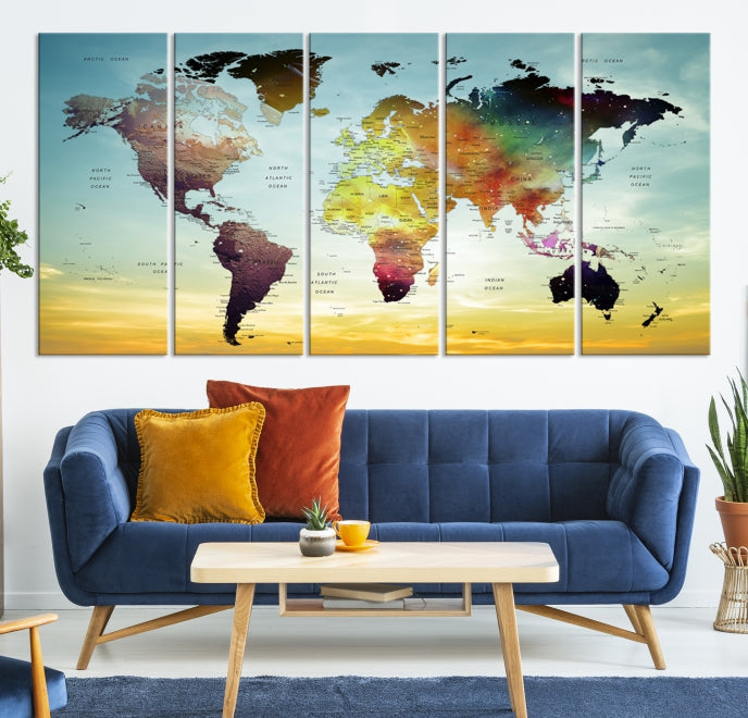 Vivid Colored Push Pin World Map with Sky Background Wall Art Canvas Giclee Print