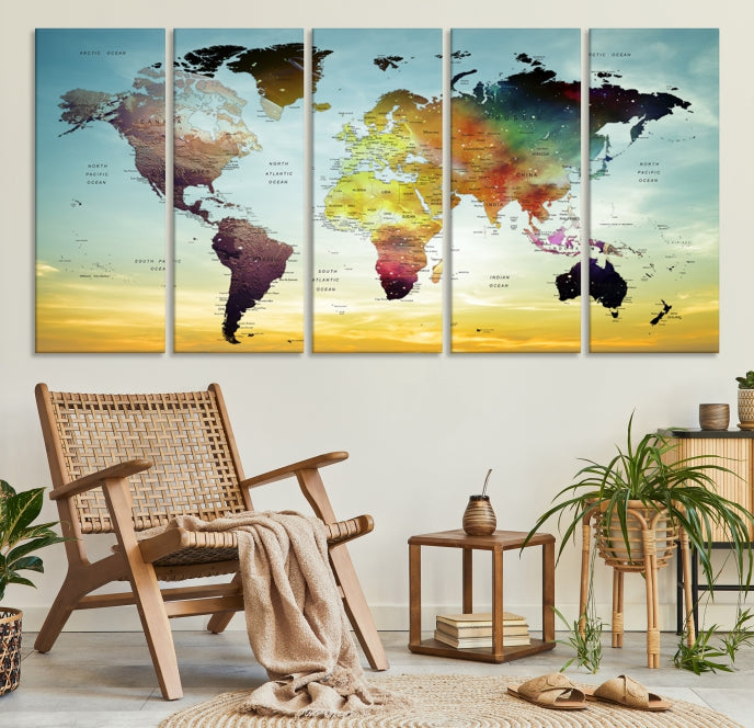 Vivid Colored Push Pin World Map with Sky Background Wall Art Canvas Giclee Print