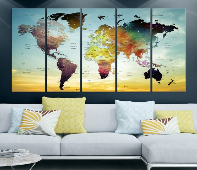 Vivid Colored Push Pin World Map with Sky Background Wall Art Canvas Giclee Print