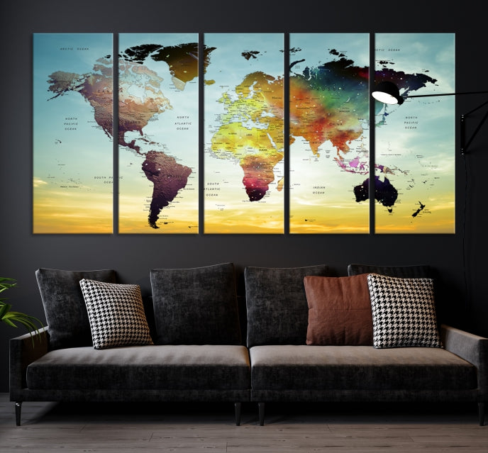 Vivid Colored Push Pin World Map with Sky Background Wall Art Canvas Giclee Print