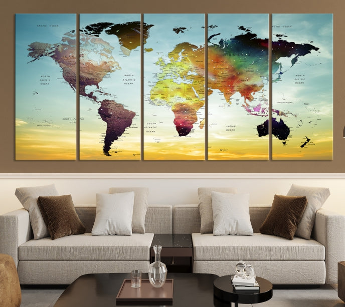 Vivid Colored Push Pin World Map with Sky Background Wall Art Canvas Giclee Print