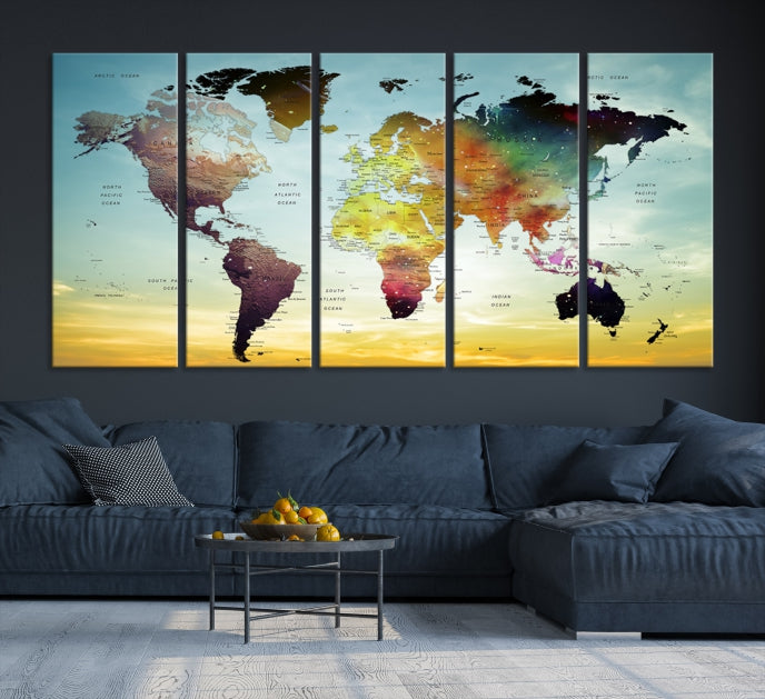 Vivid Colored Push Pin World Map with Sky Background Wall Art Canvas Giclee Print