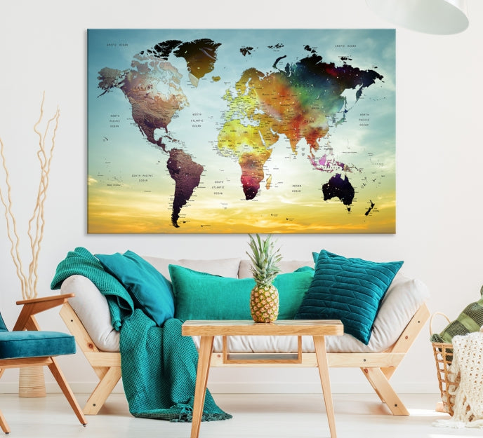 Vivid Colored Push Pin World Map with Sky Background Wall Art Canvas Giclee Print